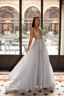 Yolanda Beaded Tulle Gown - Silver
