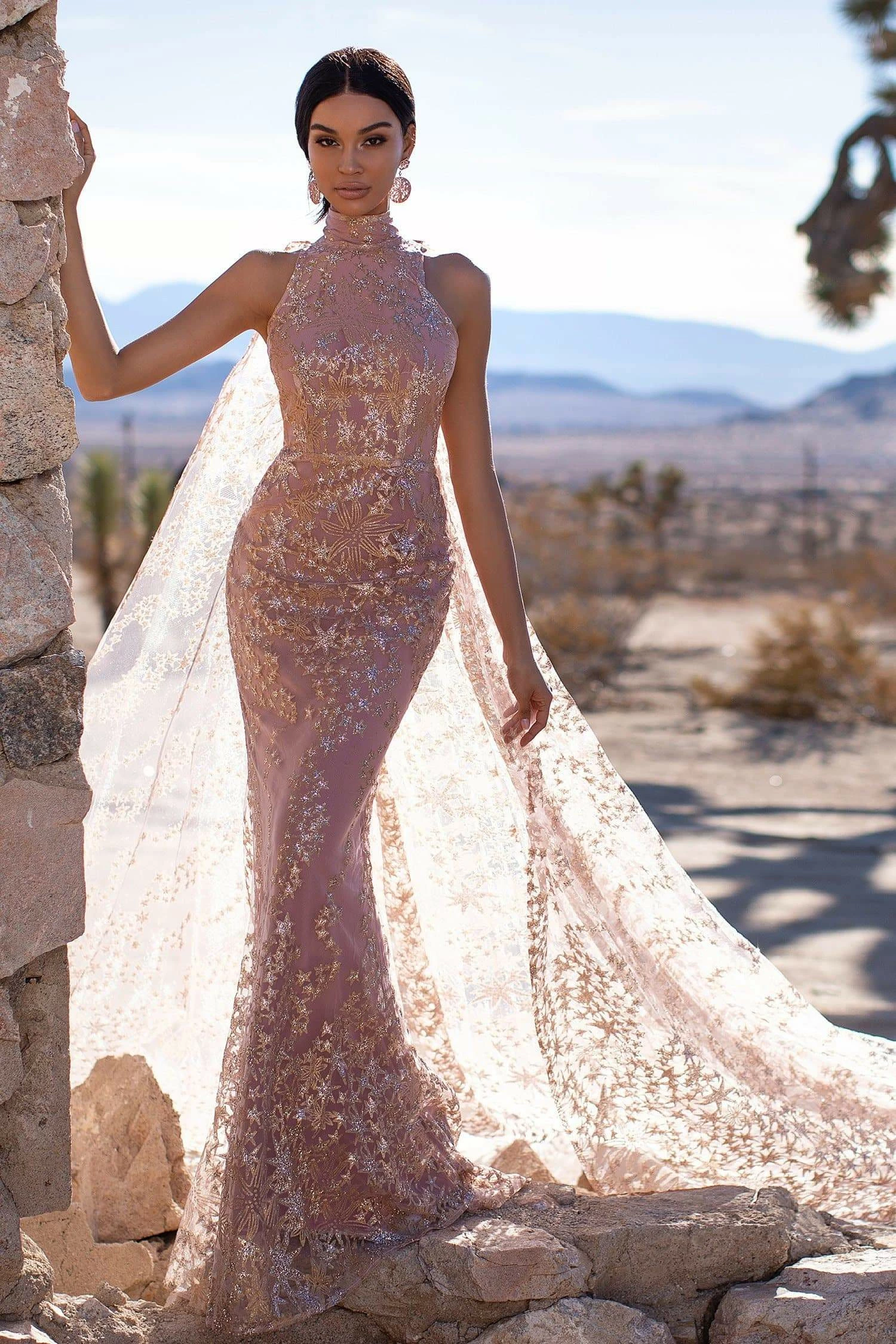 Tyra Glitter Cape Gown - Rose Gold 7 Tyra Glitter Cape Gown - Rose Gold - Image 5
